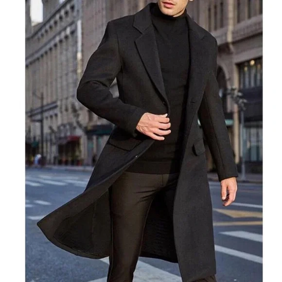 Men's Black Slim Fit Notched Collar Long Casual Trench Coat with Pocket